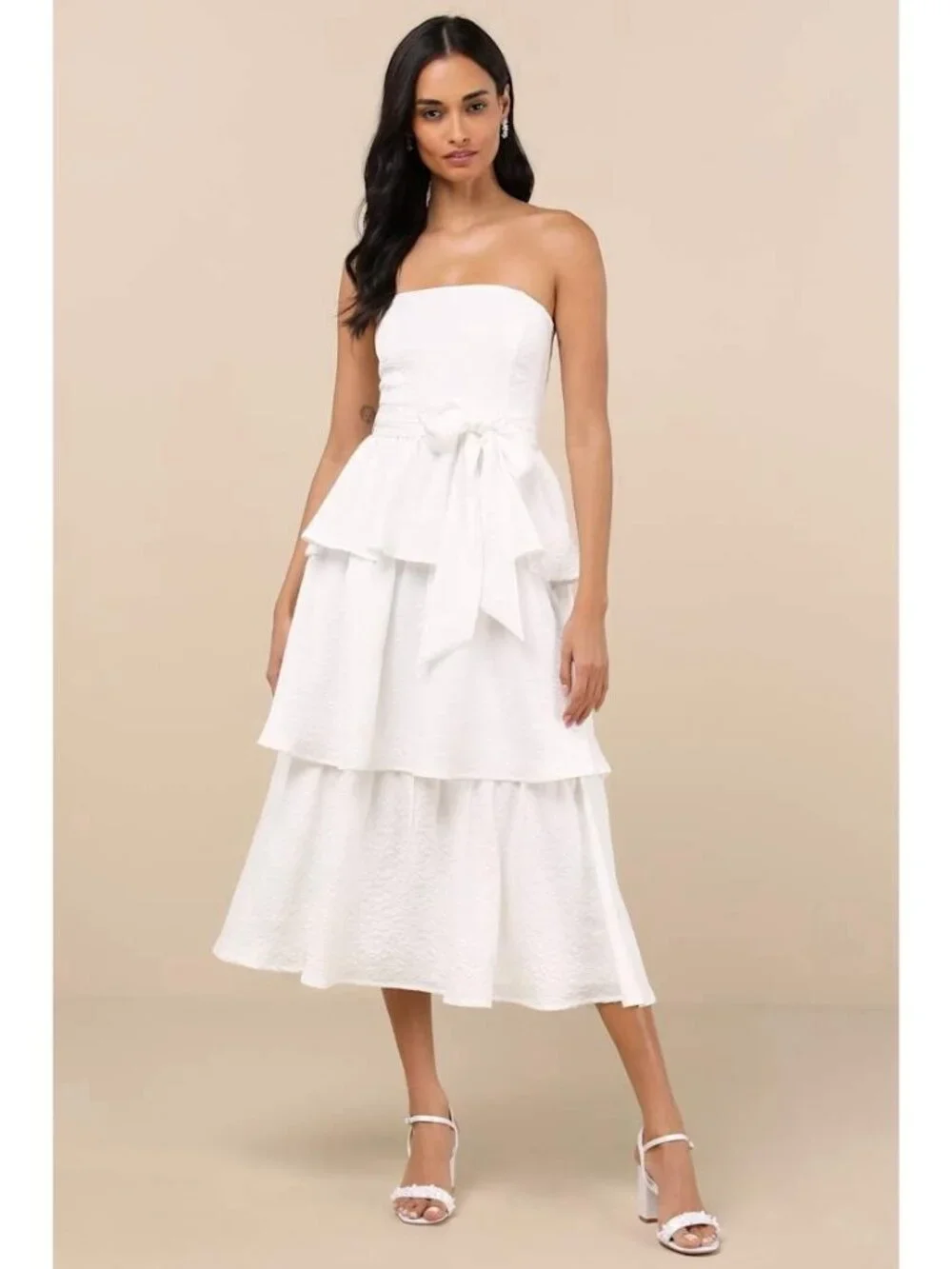 Lulus Truly Marvelous Midi Dress Sz Medium White Jacquard Strapless Tiered Belt